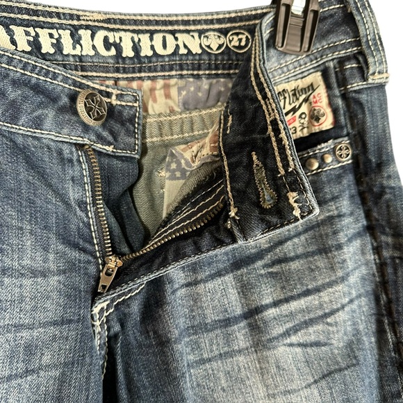 Affliction Women’s 27 Patch Jeans Denim Grunge Punk Street Whiskering Stretch - Picture 11 of 16